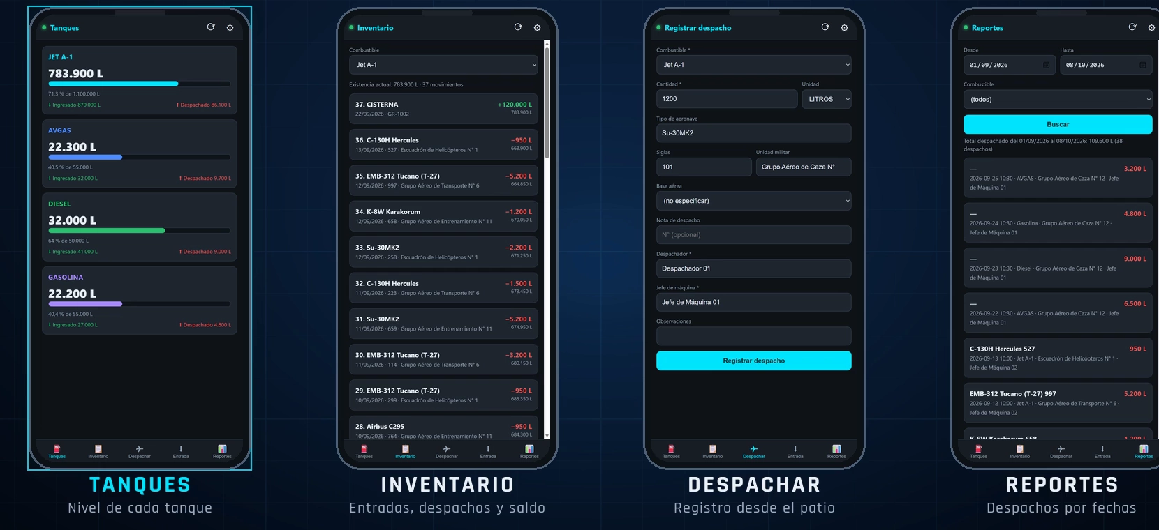 Pantallas de la app móvil DespachoPro: tanques, inventario, despachar y reportes
