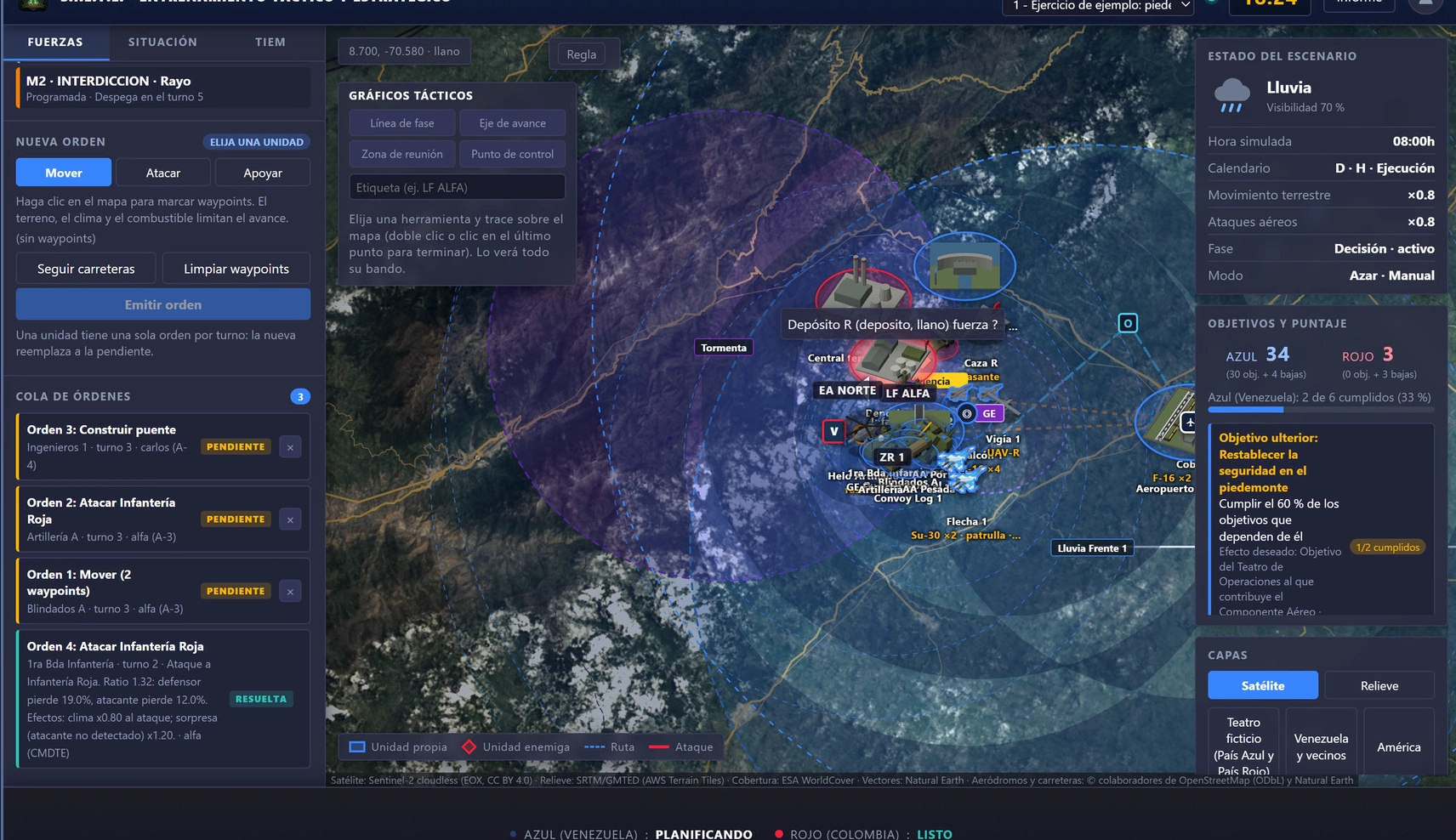 Simulador de entrenamiento táctico y estratégico: mapa de operaciones con órdenes, coberturas y unidades